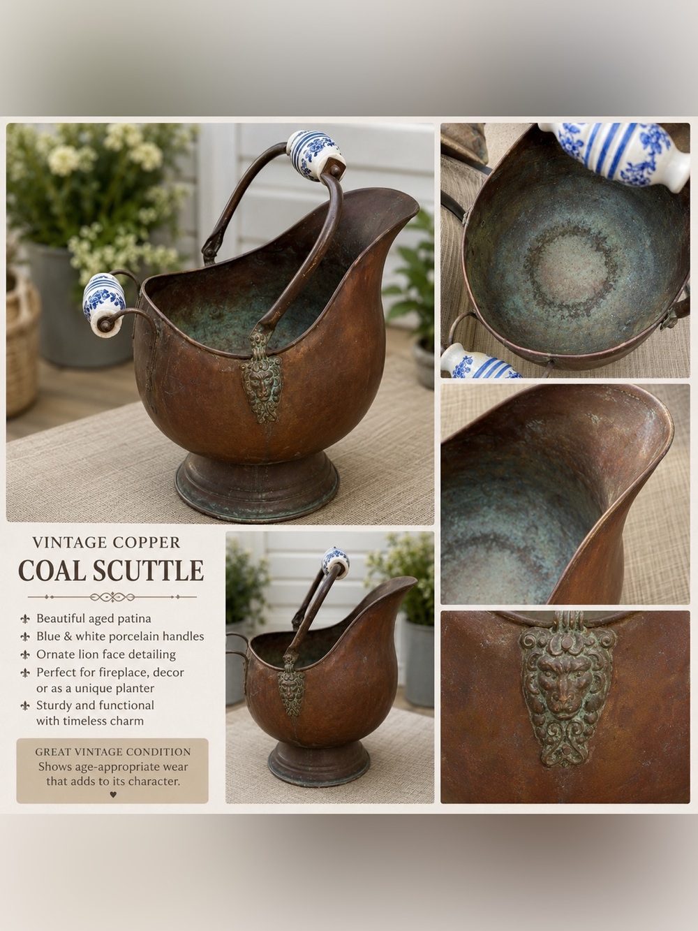Vintage Copper Coal Scuttle with Porcelain Handles